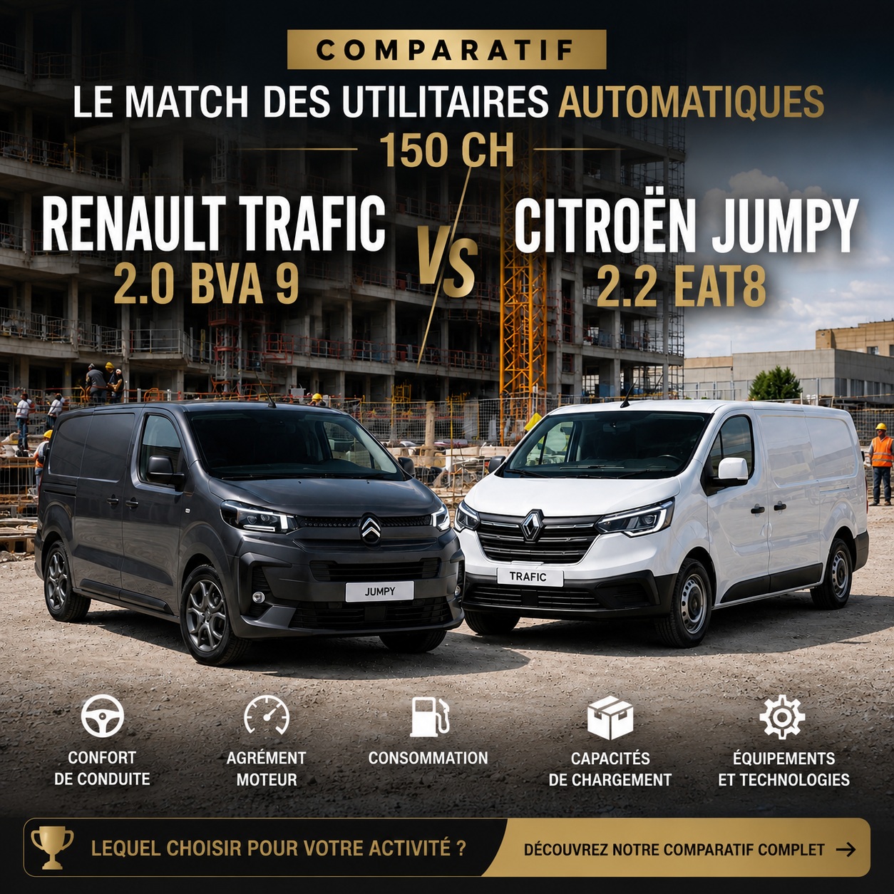 Comparatif utilitaires automatiques 150 ch : Renault Trafic 2.0 BVA 9 vs Citroën Jumpy 2.2 EAT8