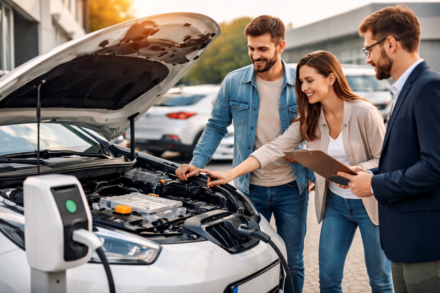 Personne consultant l'écran de contrôle d'une voiture électrique d'occasion lors d'un essai.